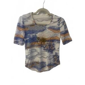 Vintage Women's Short Sleeve Scenic Print Top